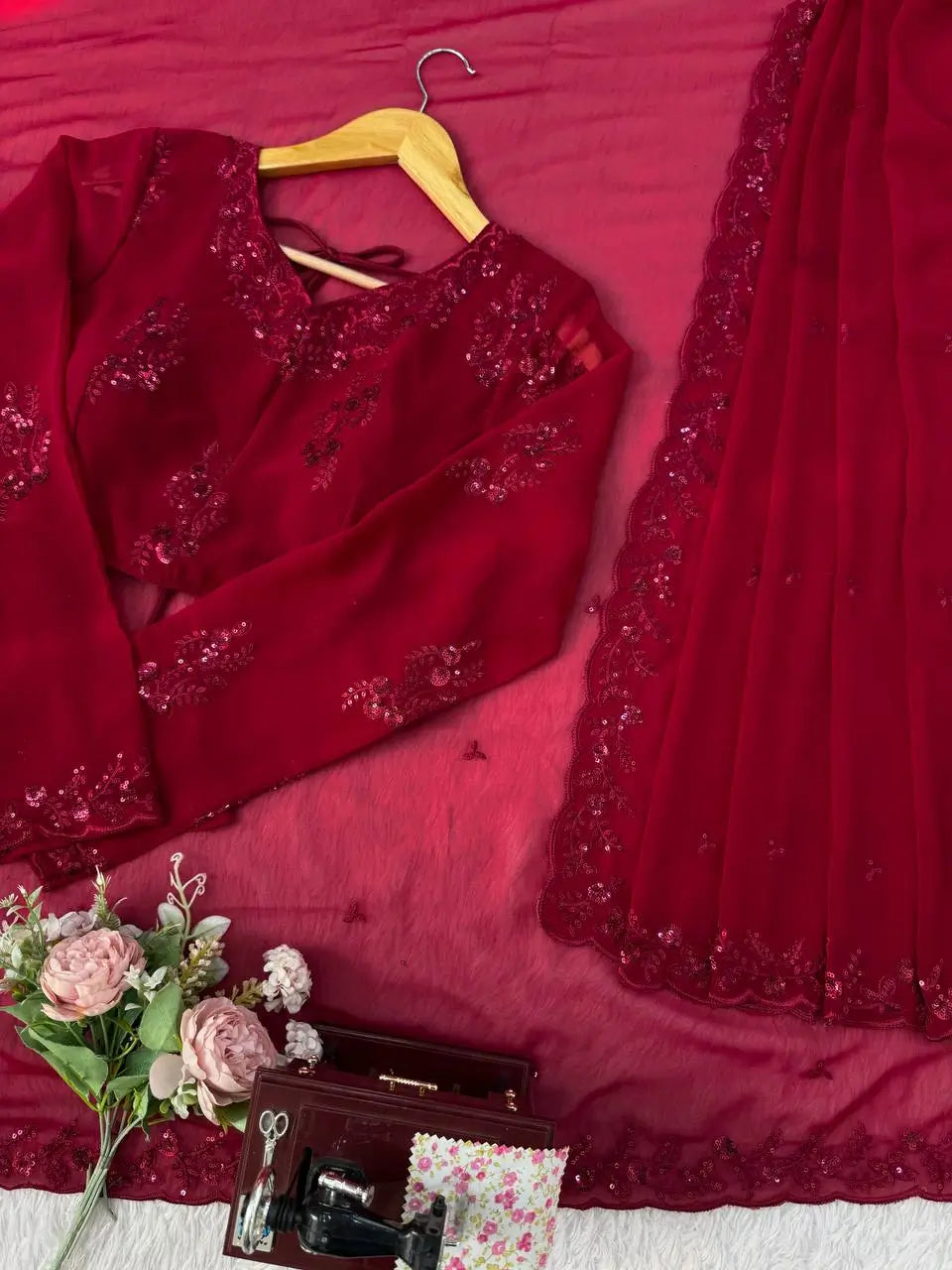 Embroidered Faux Georgette Saree Set with Net Dupatta