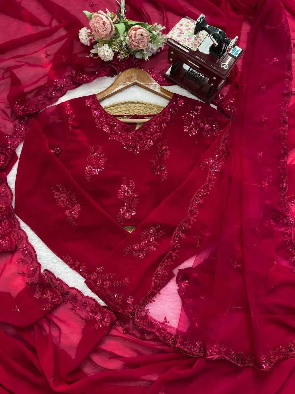 Embroidered Faux Georgette Saree Set with Net Dupatta