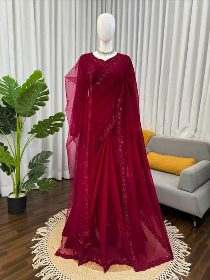 Embroidered Faux Georgette Saree Set with Net Dupatta