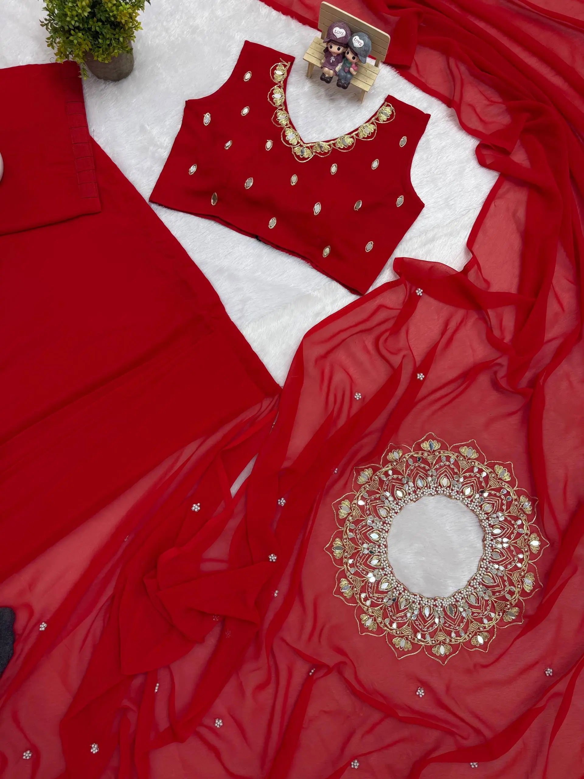Embroidered Faux Georgette Saree with Mirror and Pearl Work