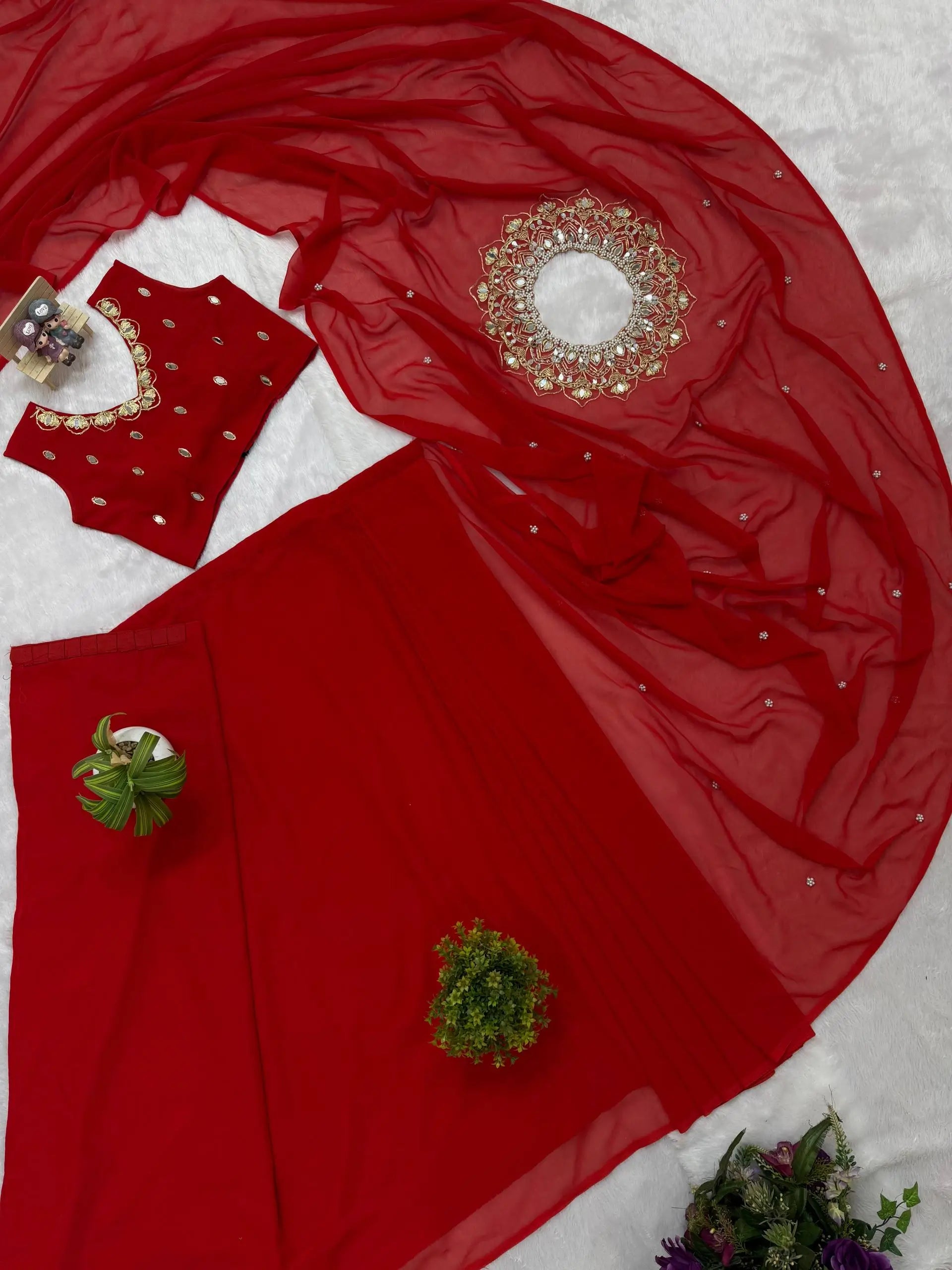 Embroidered Faux Georgette Saree with Mirror and Pearl Work