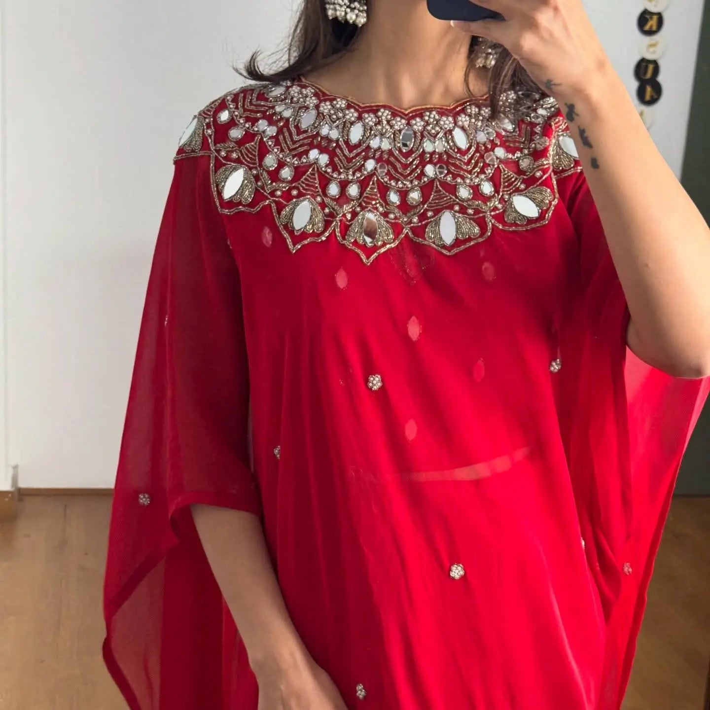 Embroidered Faux Georgette Saree with Mirror and Pearl Work