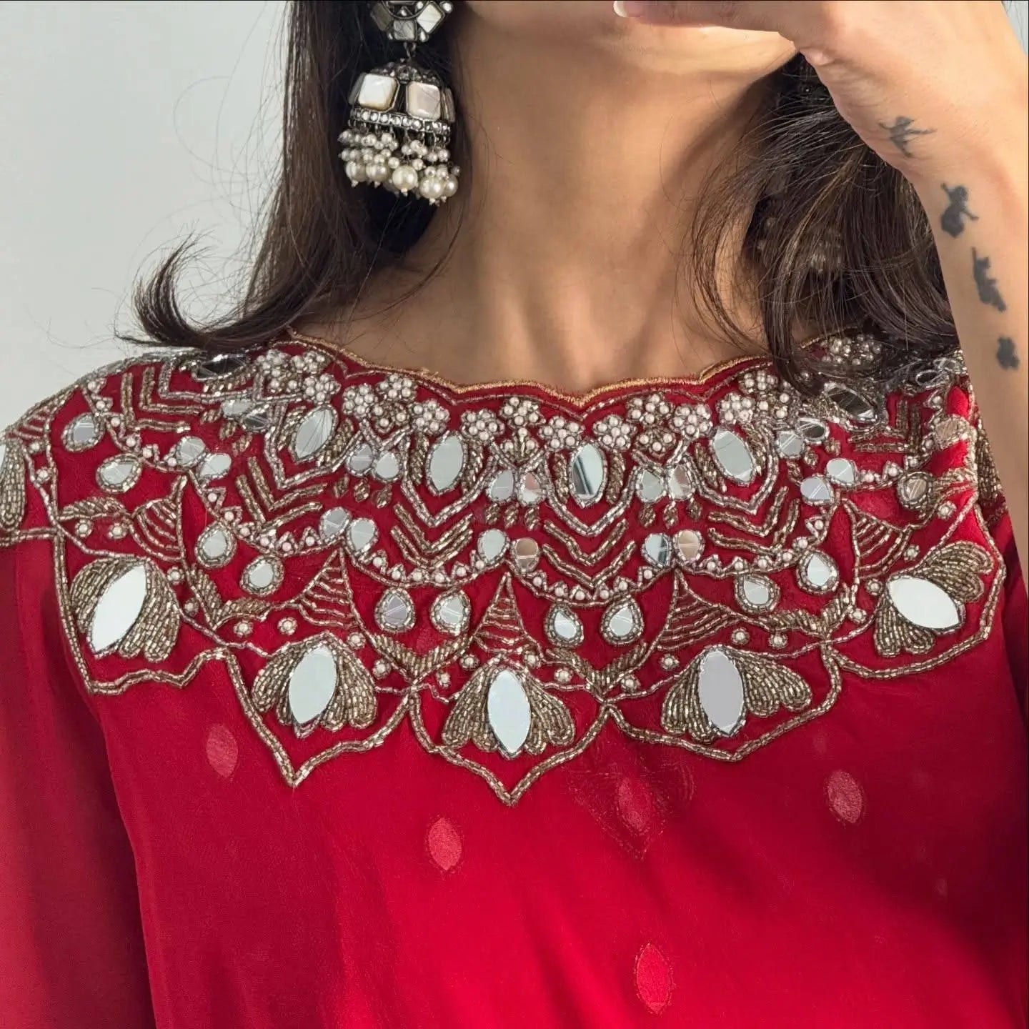 Embroidered Faux Georgette Saree with Mirror and Pearl Work