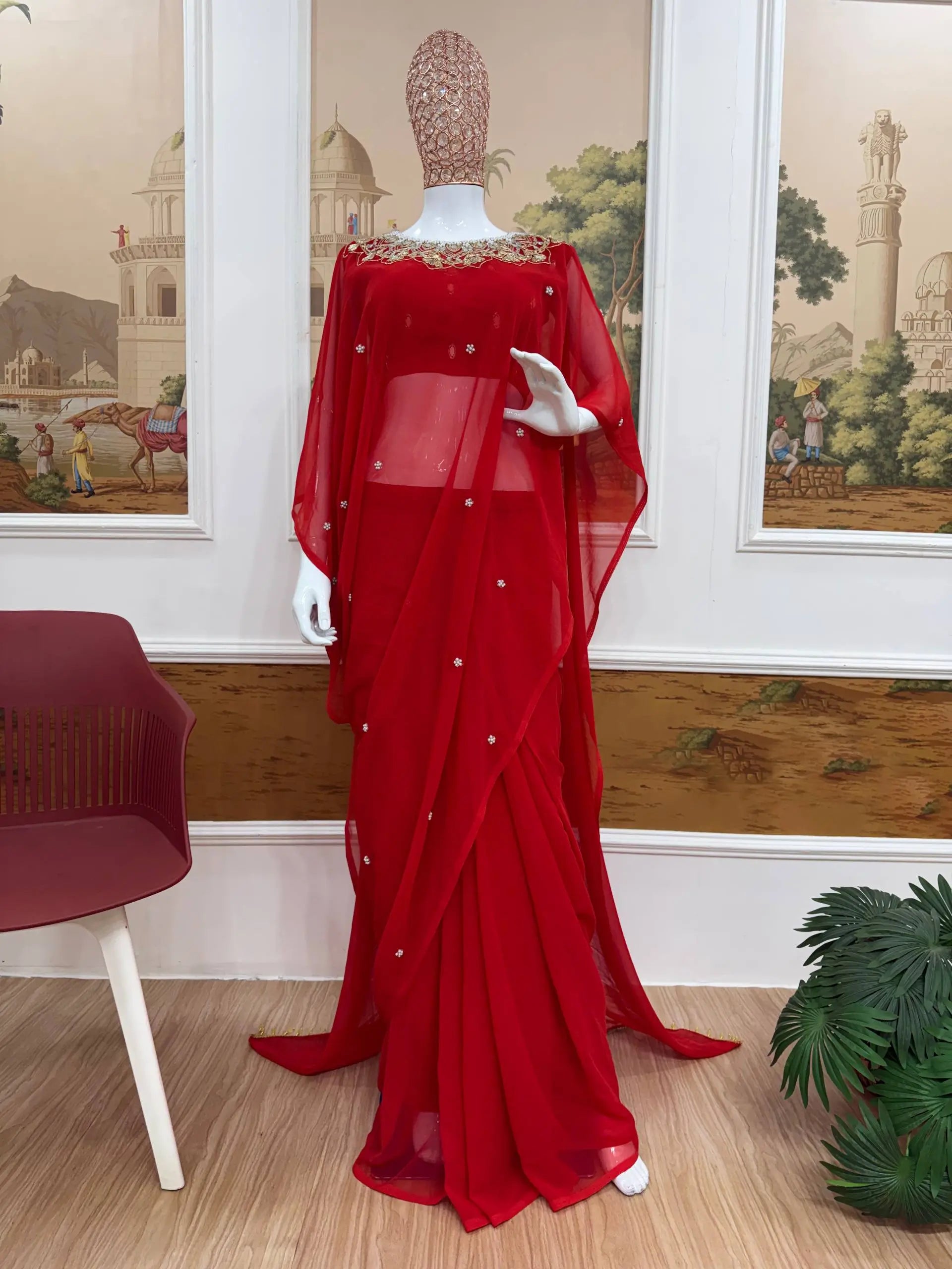 Embroidered Faux Georgette Saree with Mirror and Pearl Work