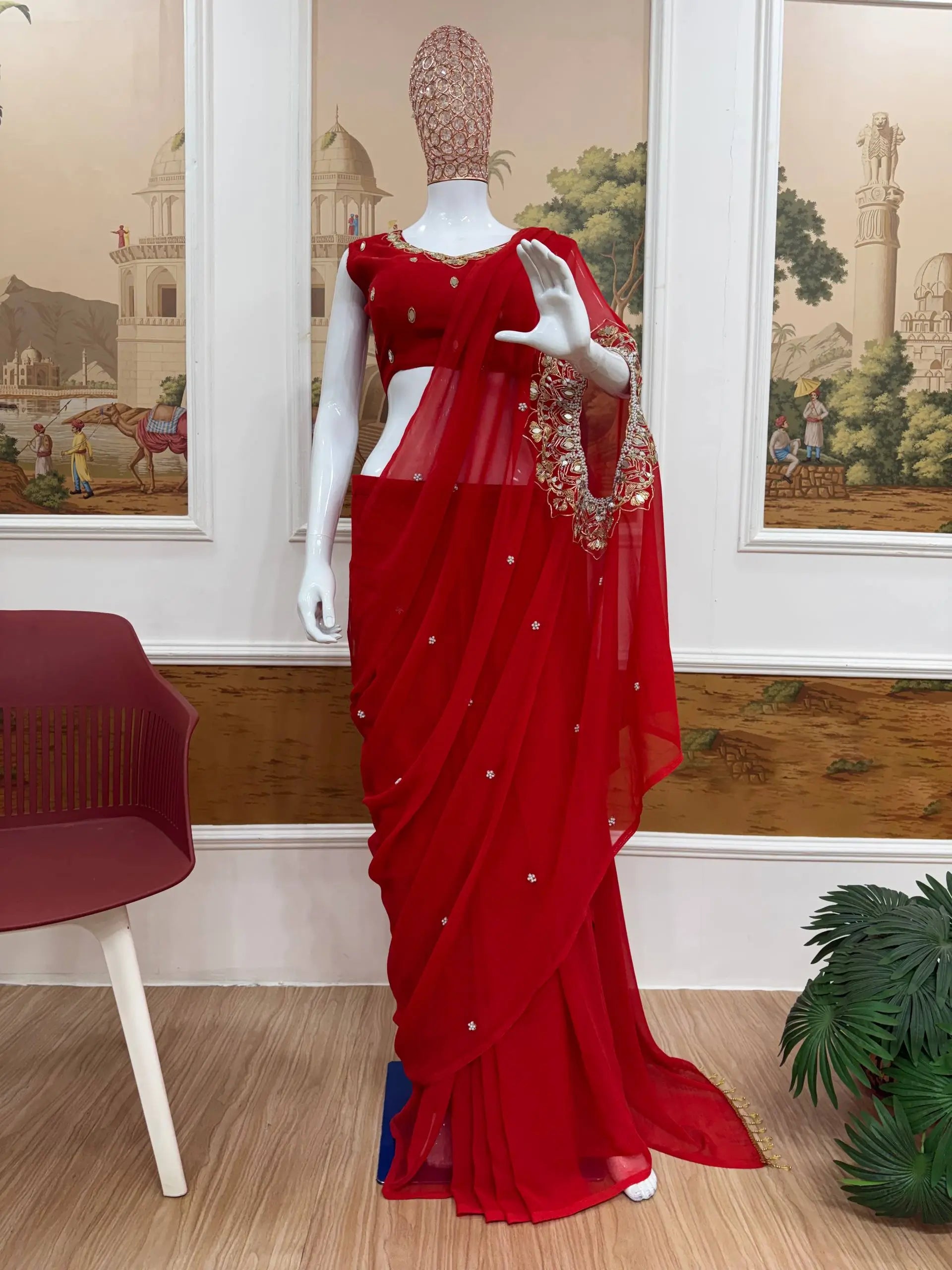 Embroidered Faux Georgette Saree with Mirror and Pearl Work