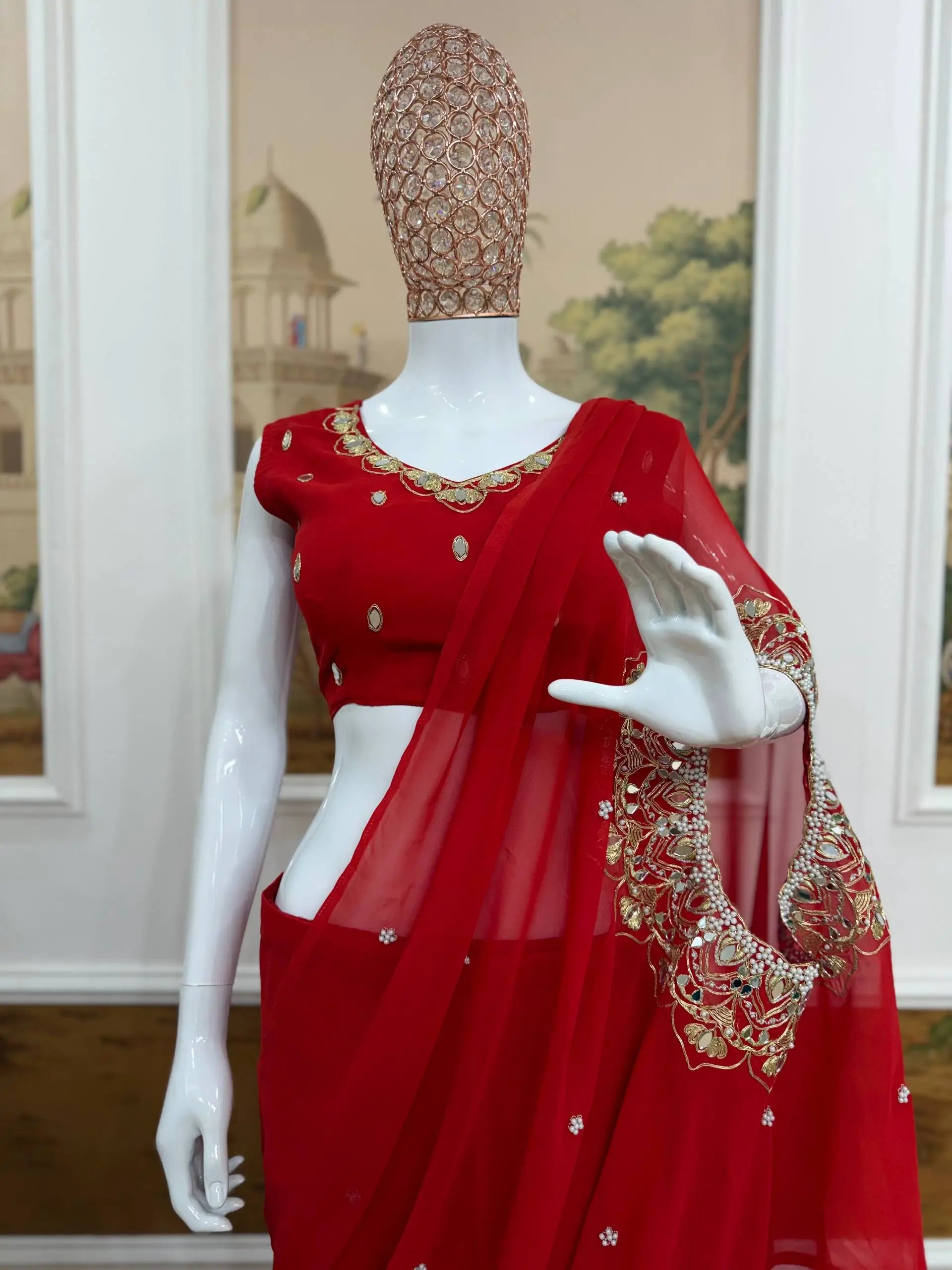 Embroidered Faux Georgette Saree with Mirror and Pearl Work
