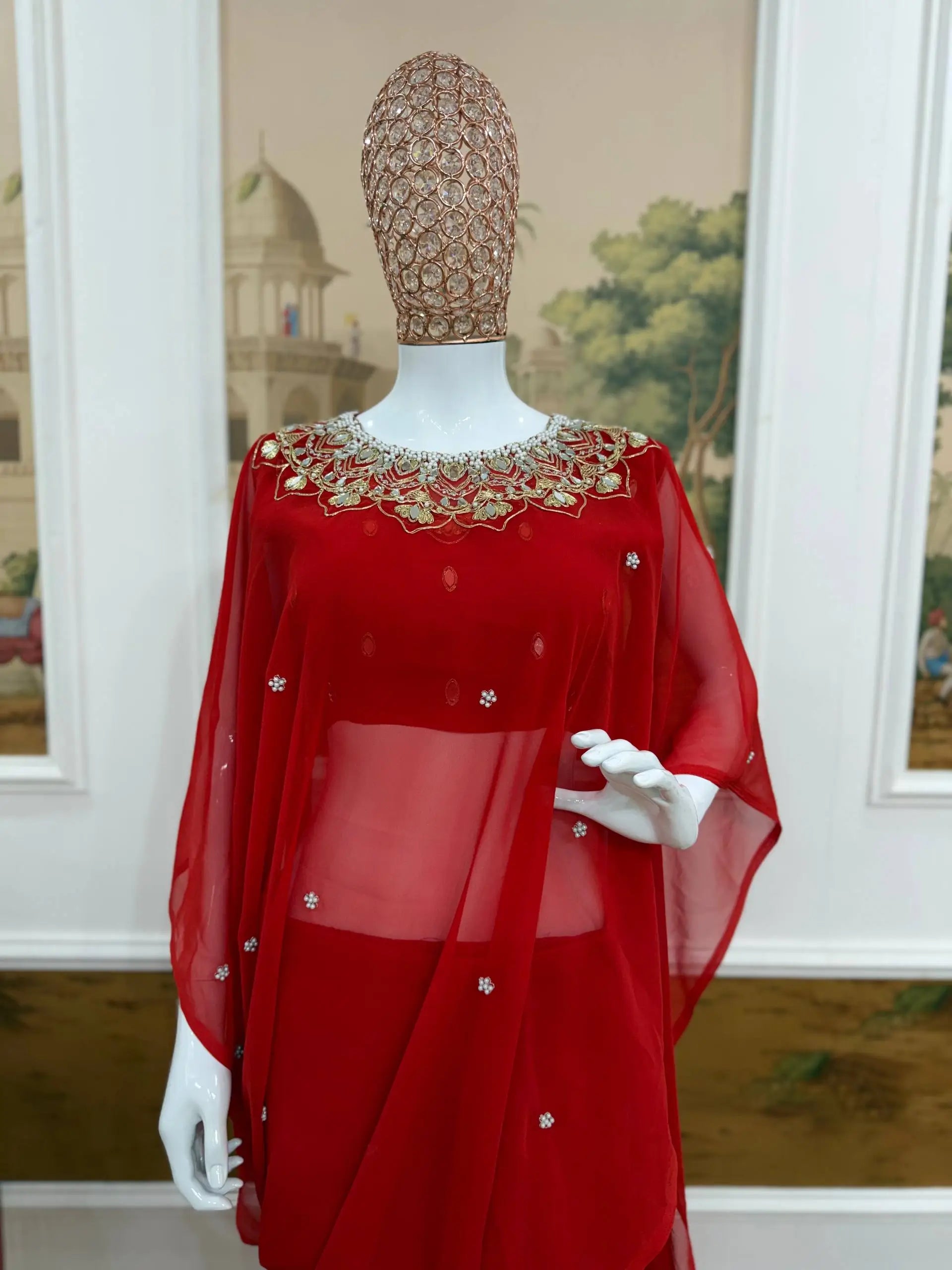 Embroidered Faux Georgette Saree with Mirror and Pearl Work