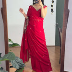 Embroidered Faux Georgette Saree with Mirror and Pearl Work