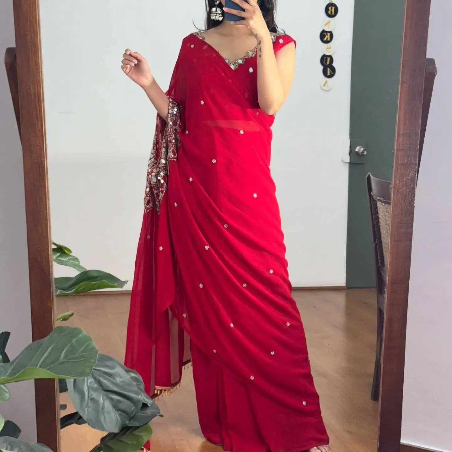 Embroidered Faux Georgette Saree with Mirror and Pearl Work