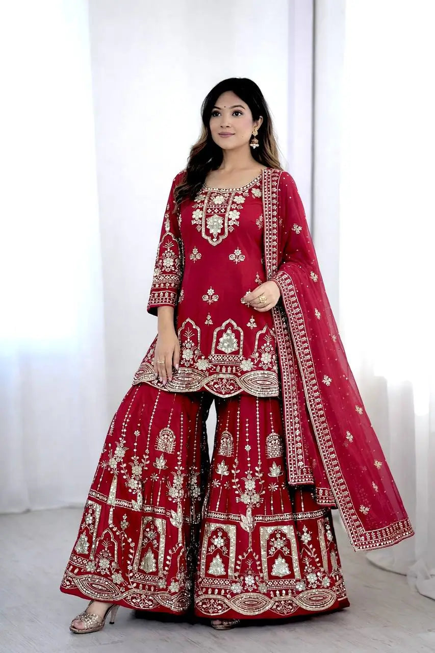 Embroidered Faux Georgette Sharara Set