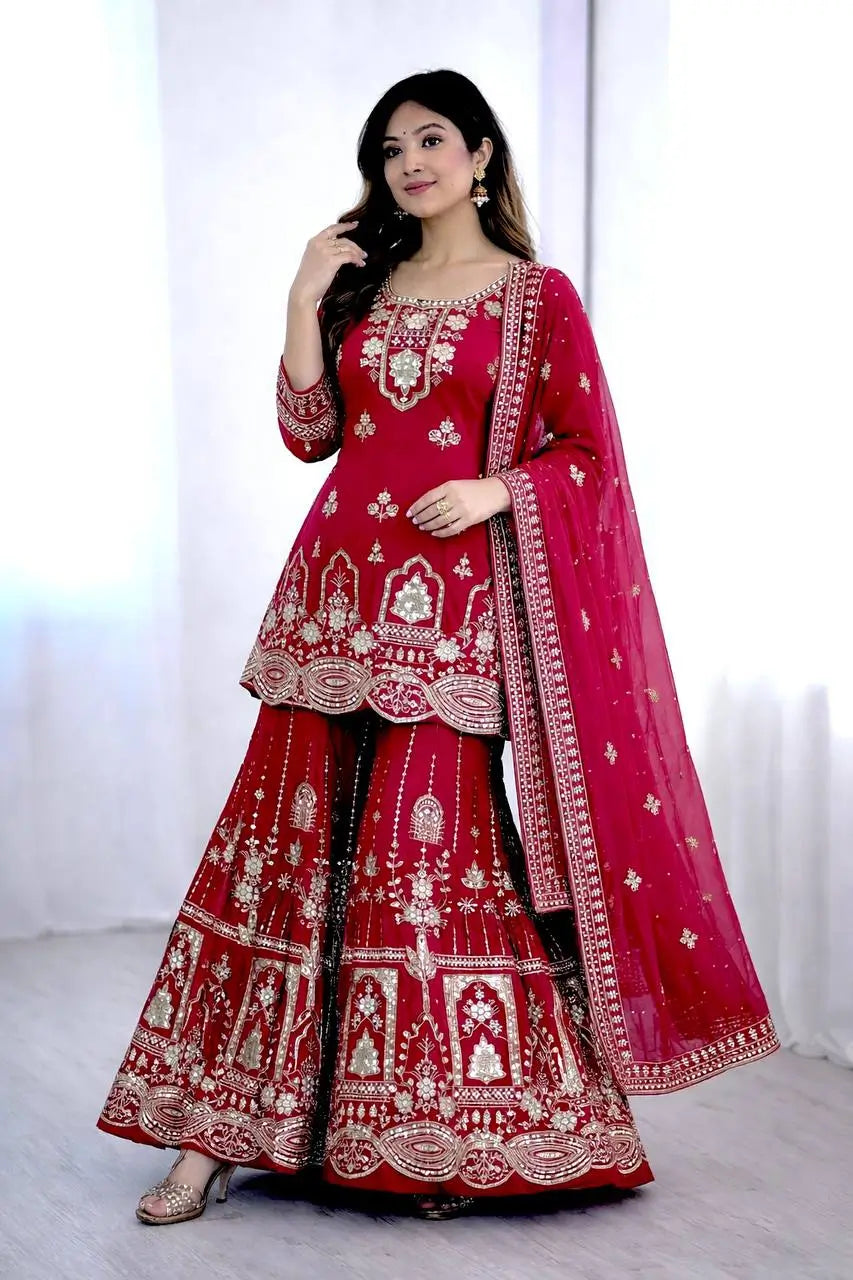 Embroidered Faux Georgette Sharara Set