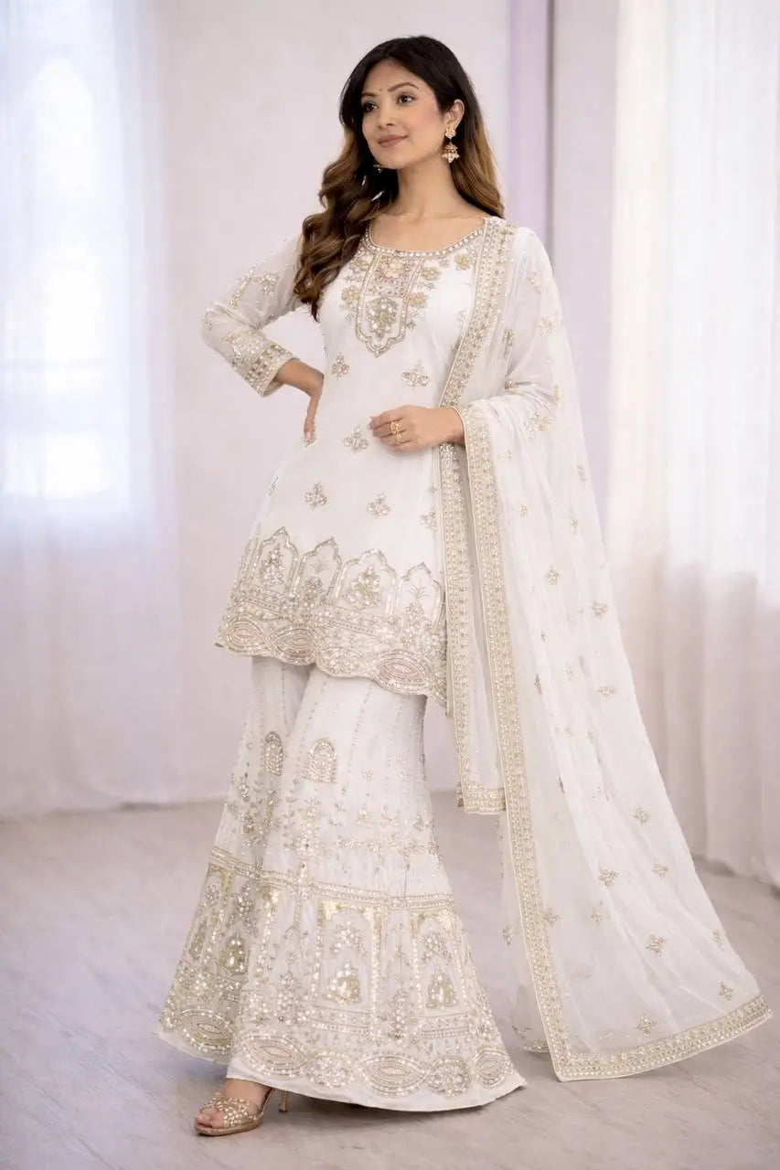 Embroidered Faux Georgette Sharara Set
