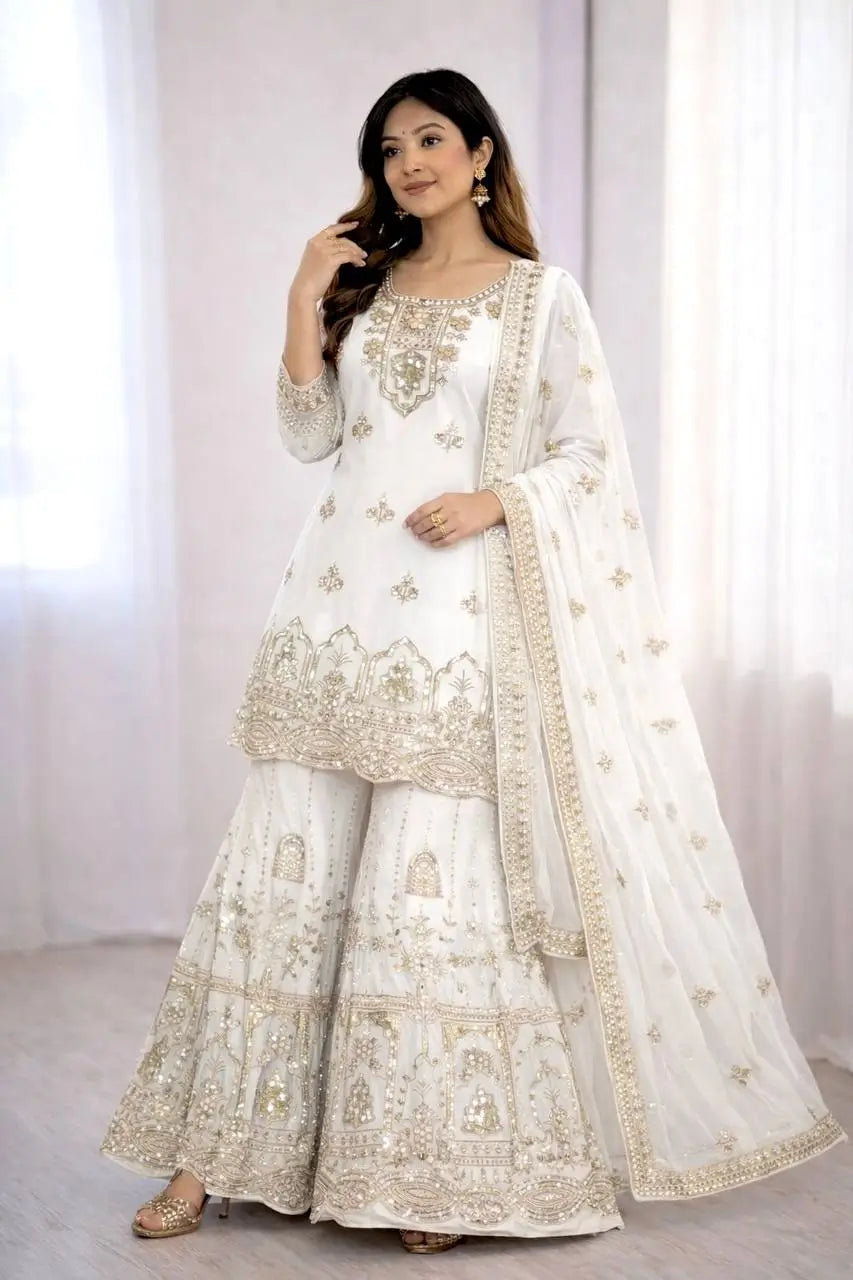 Embroidered Faux Georgette Sharara Set