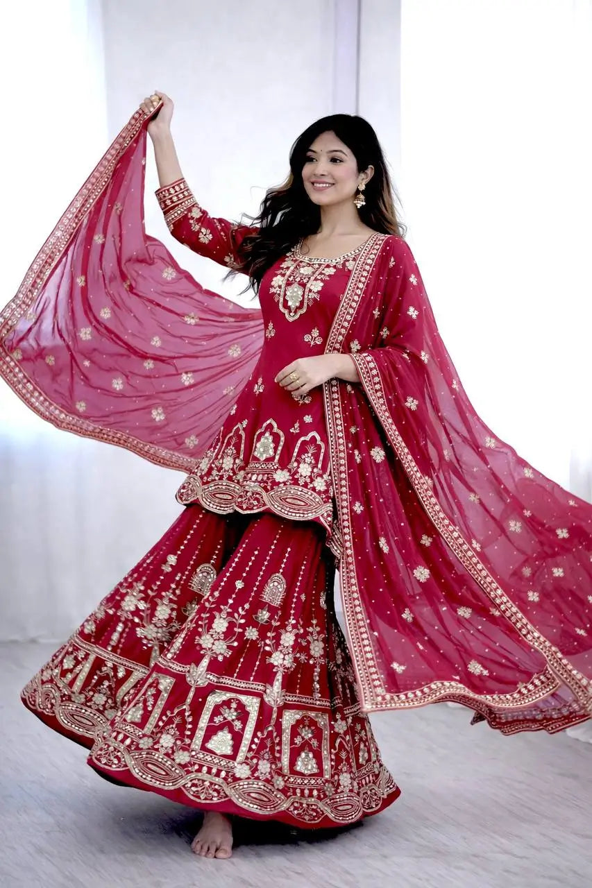 Embroidered Faux Georgette Sharara Set