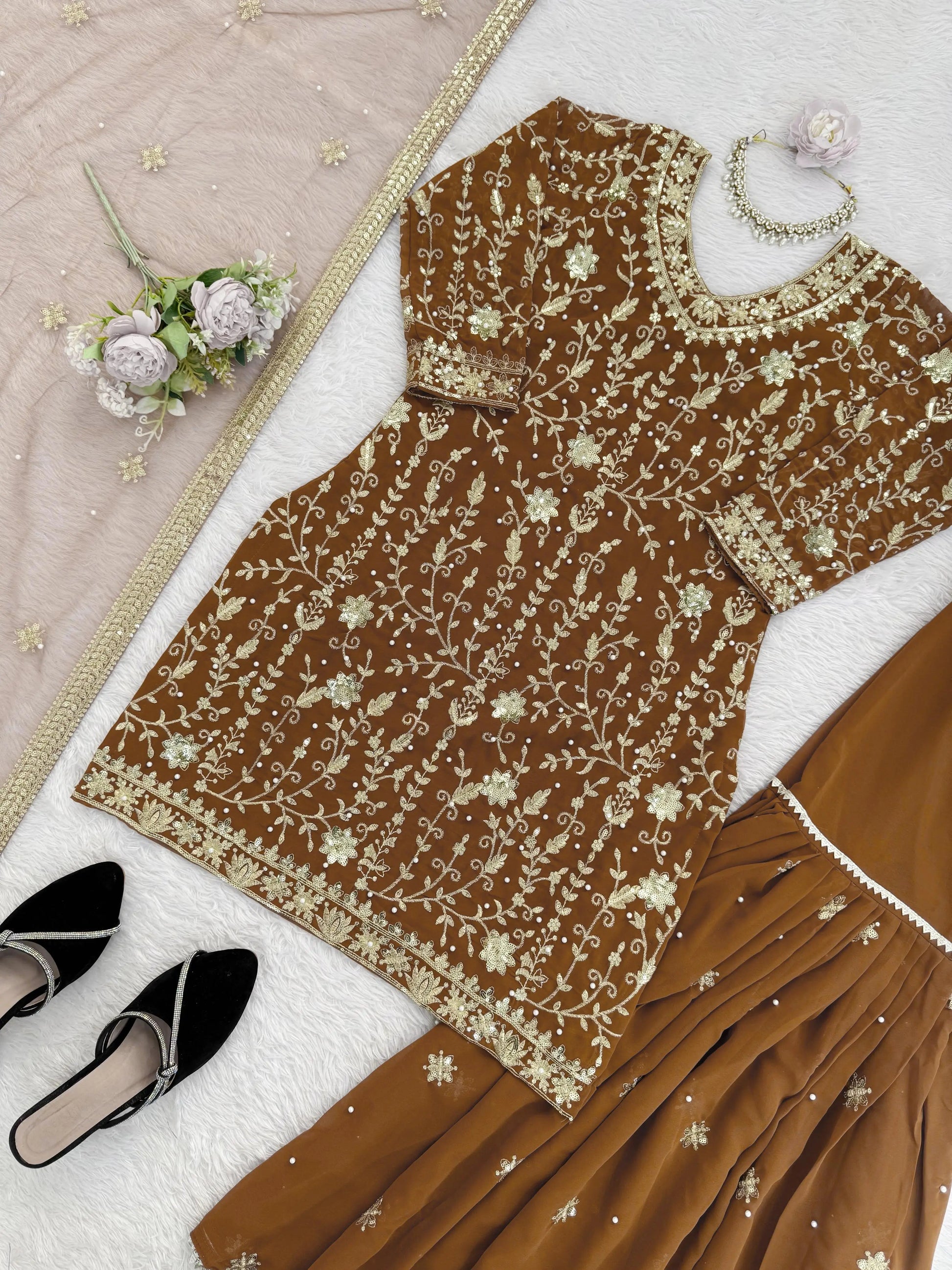 Embroidered Faux Georgette Sharara Set