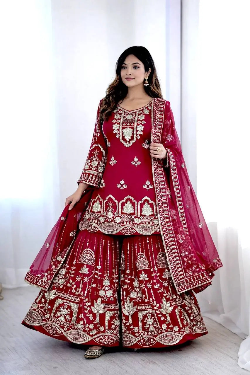 Embroidered Faux Georgette Sharara Set