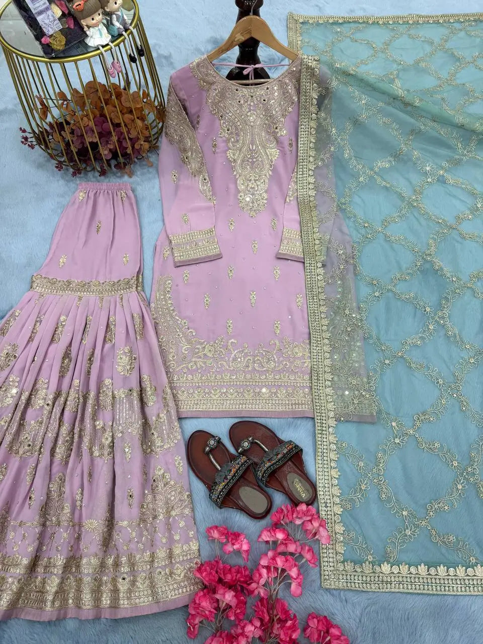 Embroidered Faux Georgette Sharara Set with Butterfly Net Dupatta
