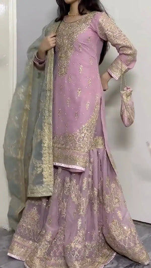 Embroidered Faux Georgette Sharara Set with Butterfly Net Dupatta