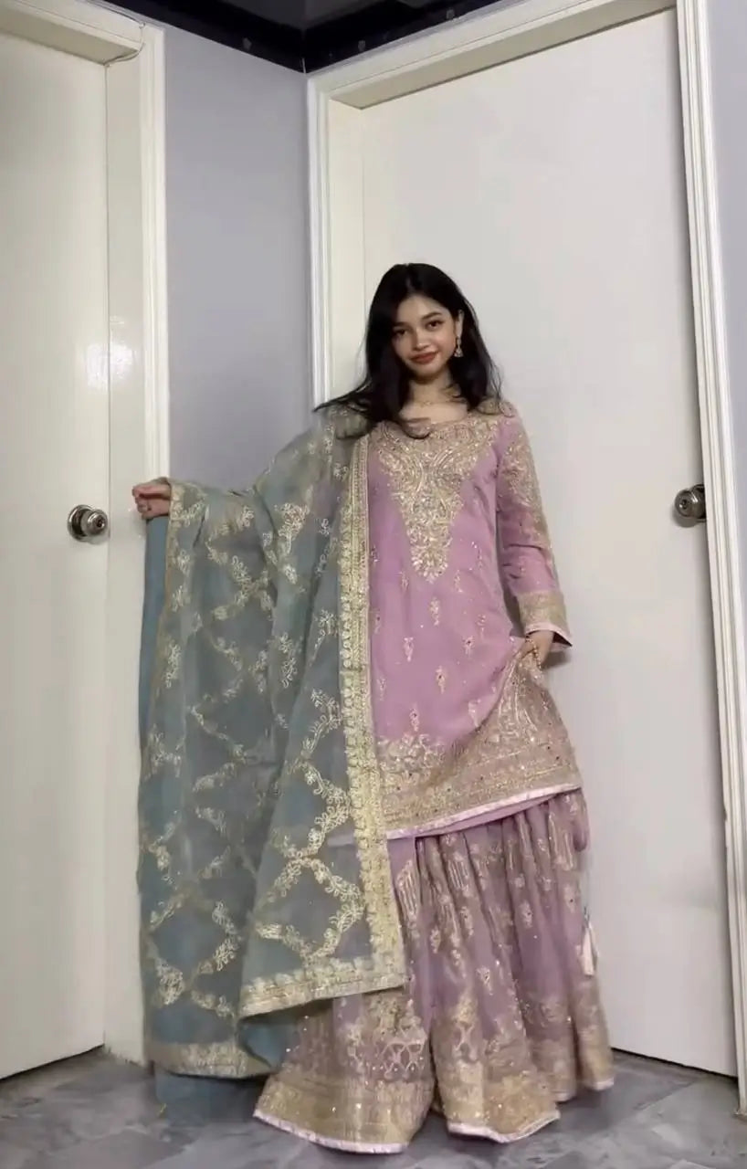 Embroidered Faux Georgette Sharara Set with Butterfly Net Dupatta