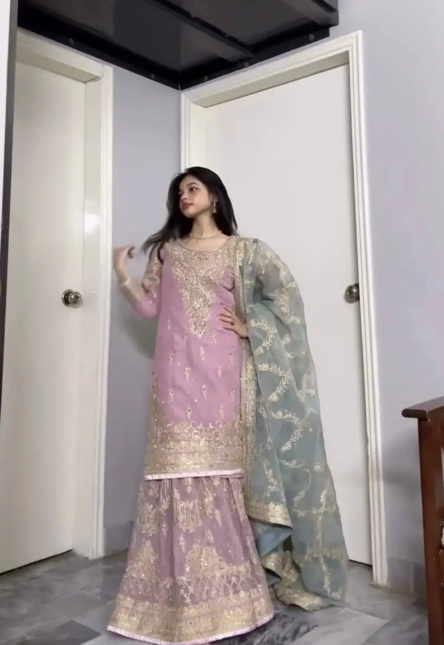 Embroidered Faux Georgette Sharara Set with Butterfly Net Dupatta