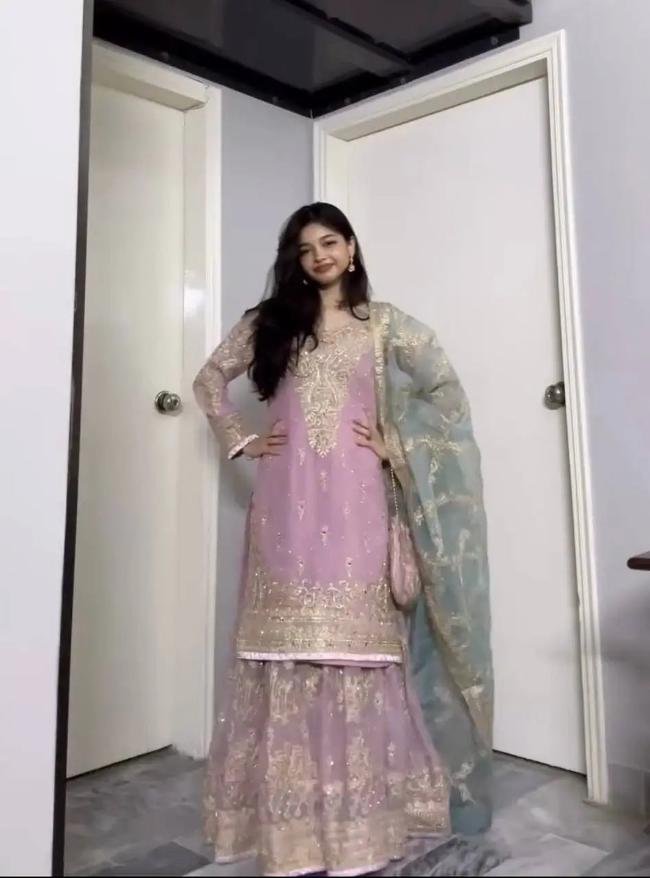 Embroidered Faux Georgette Sharara Set with Butterfly Net Dupatta