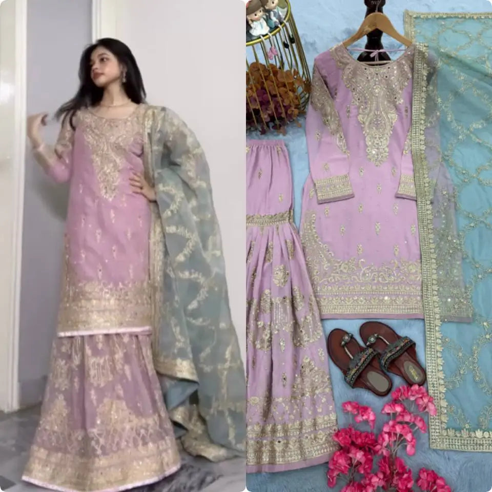 Embroidered Faux Georgette Sharara Set with Butterfly Net Dupatta