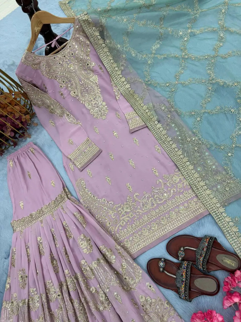 Embroidered Faux Georgette Sharara Set with Butterfly Net Dupatta
