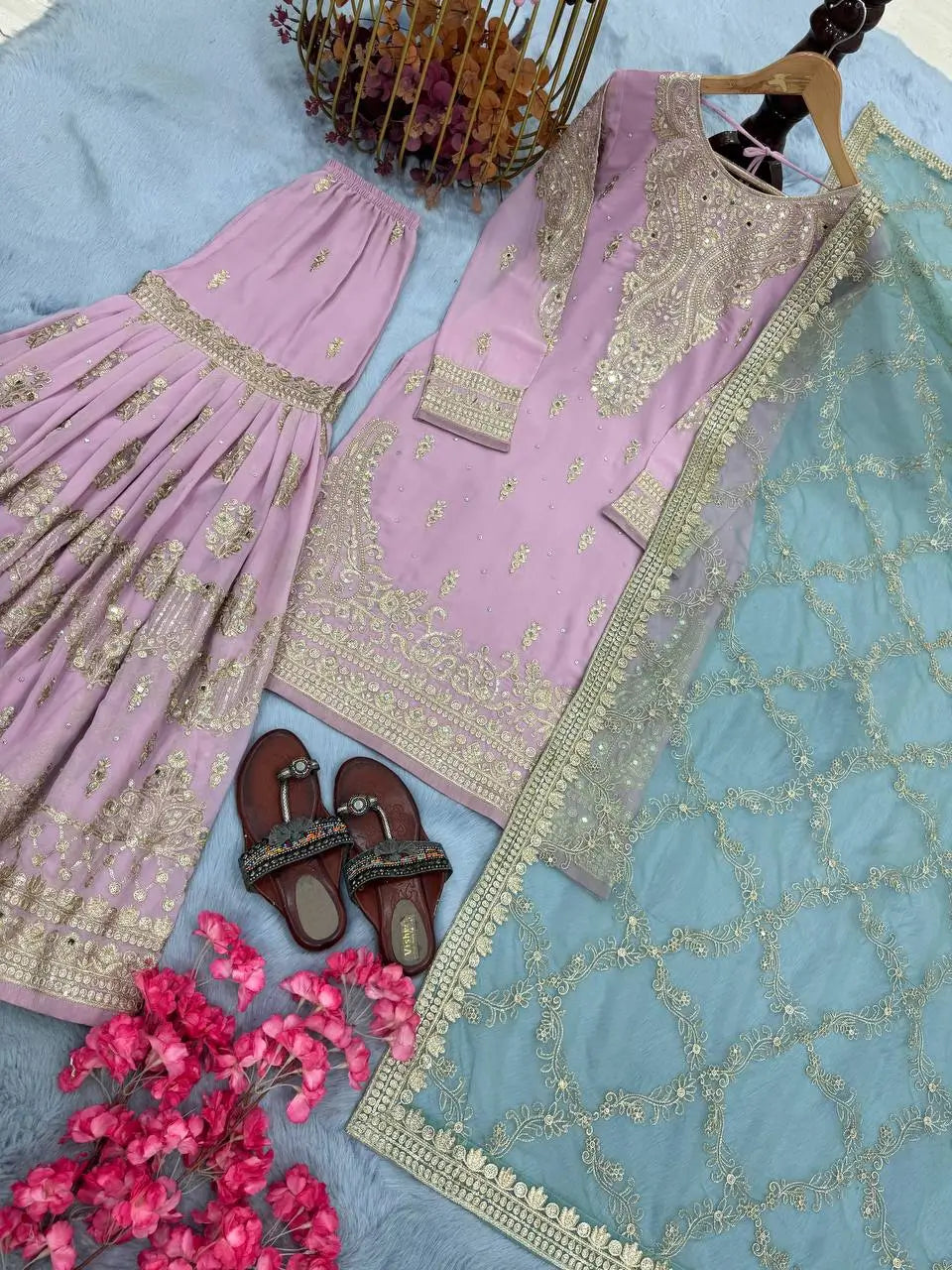 Embroidered Faux Georgette Sharara Set with Butterfly Net Dupatta