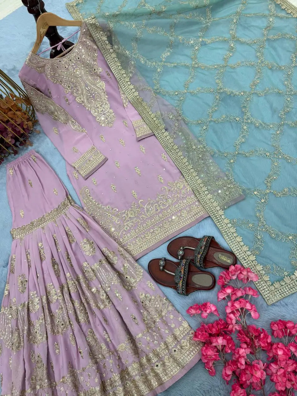 Embroidered Faux Georgette Sharara Set with Butterfly Net Dupatta