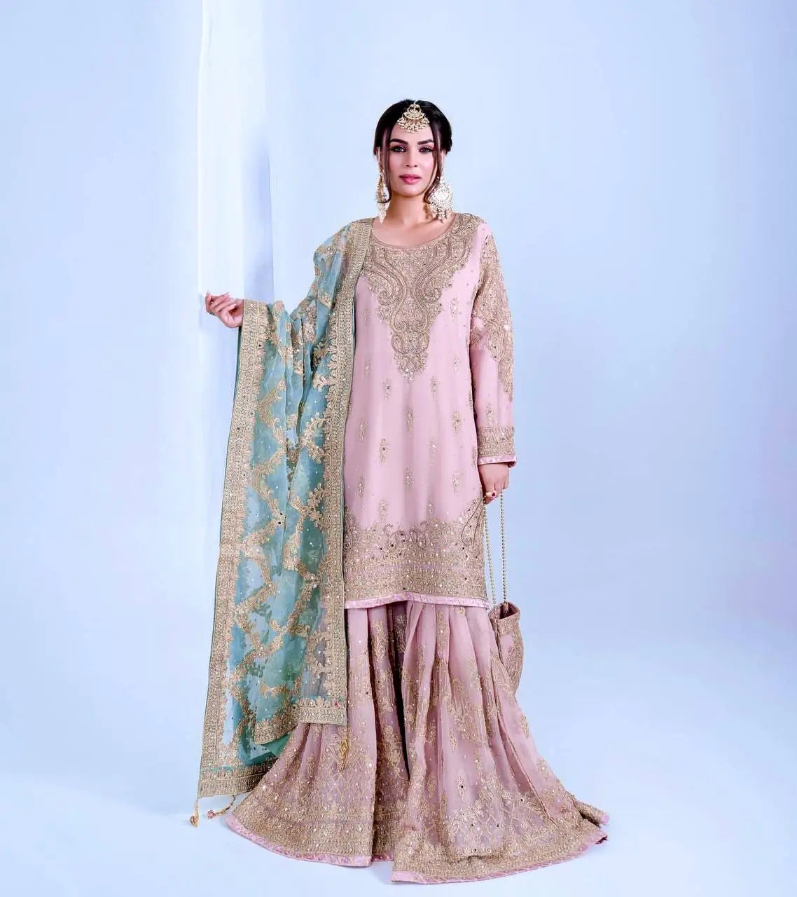 Embroidered Faux Georgette Sharara Set with Butterfly Net Dupatta