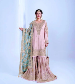 Embroidered Faux Georgette Sharara Set with Butterfly Net Dupatta
