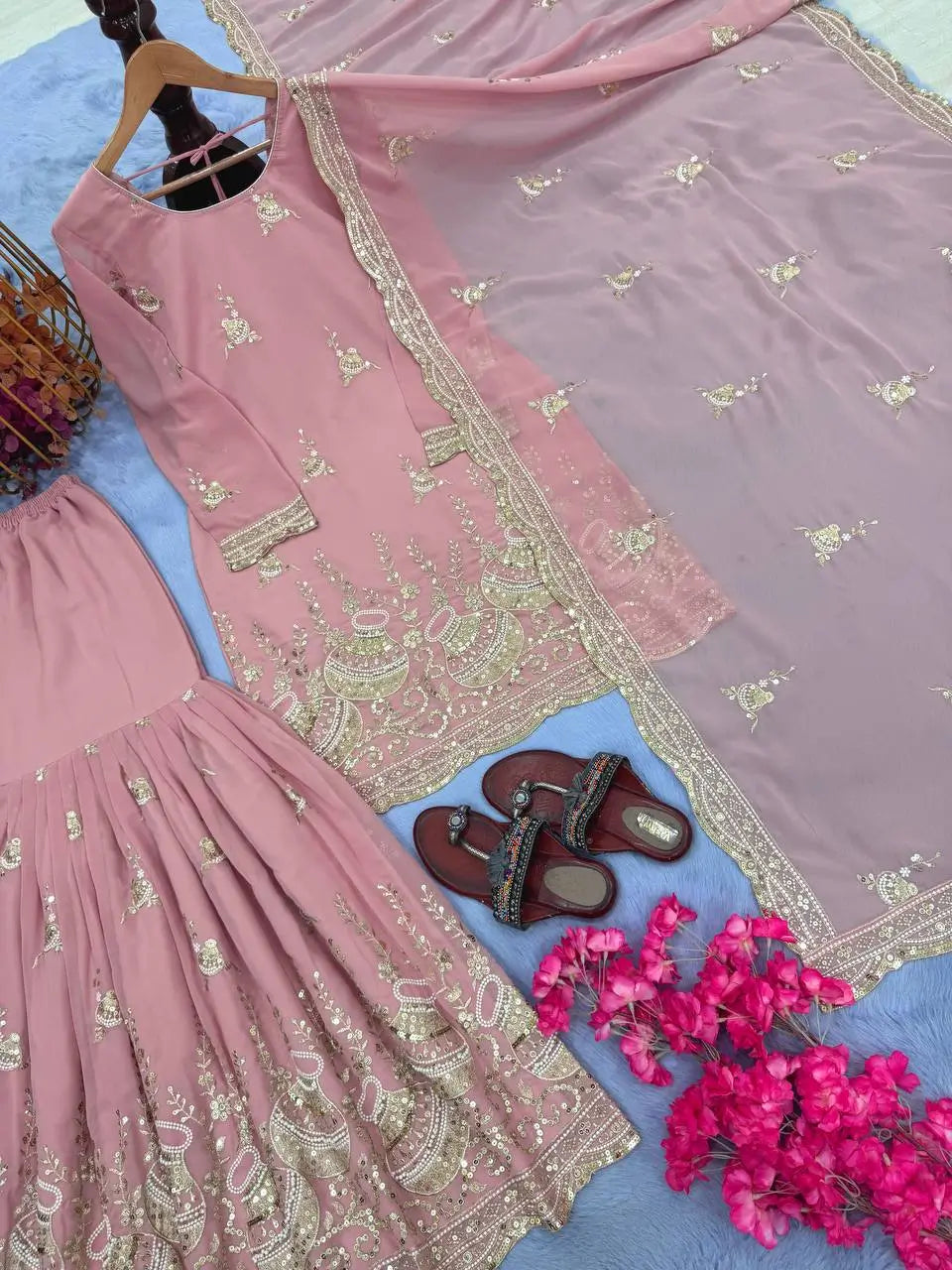 Embroidered Faux Georgette Sharara Set with Dupatta