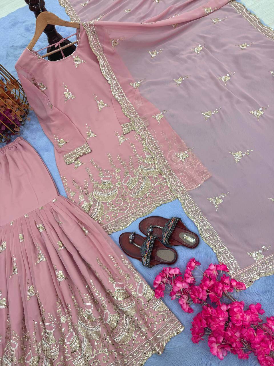 Embroidered Faux Georgette Sharara Set with Dupatta