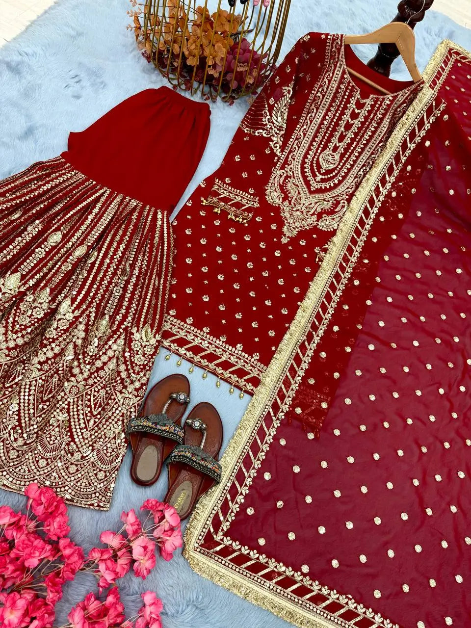 Embroidered Faux Georgette Sharara Set with Dupatta