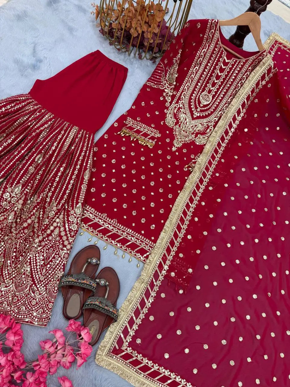 Embroidered Faux Georgette Sharara Set with Dupatta