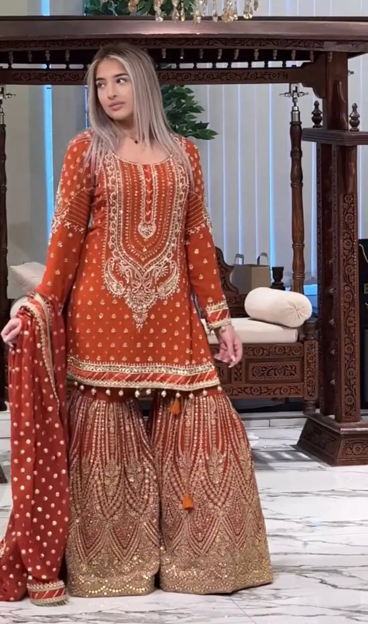 Embroidered Faux Georgette Sharara Set with Dupatta