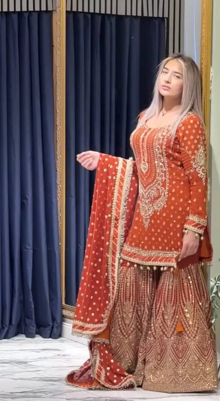 Embroidered Faux Georgette Sharara Set with Dupatta