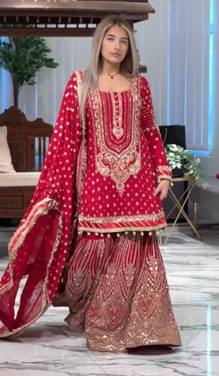 Embroidered Faux Georgette Sharara Set with Dupatta