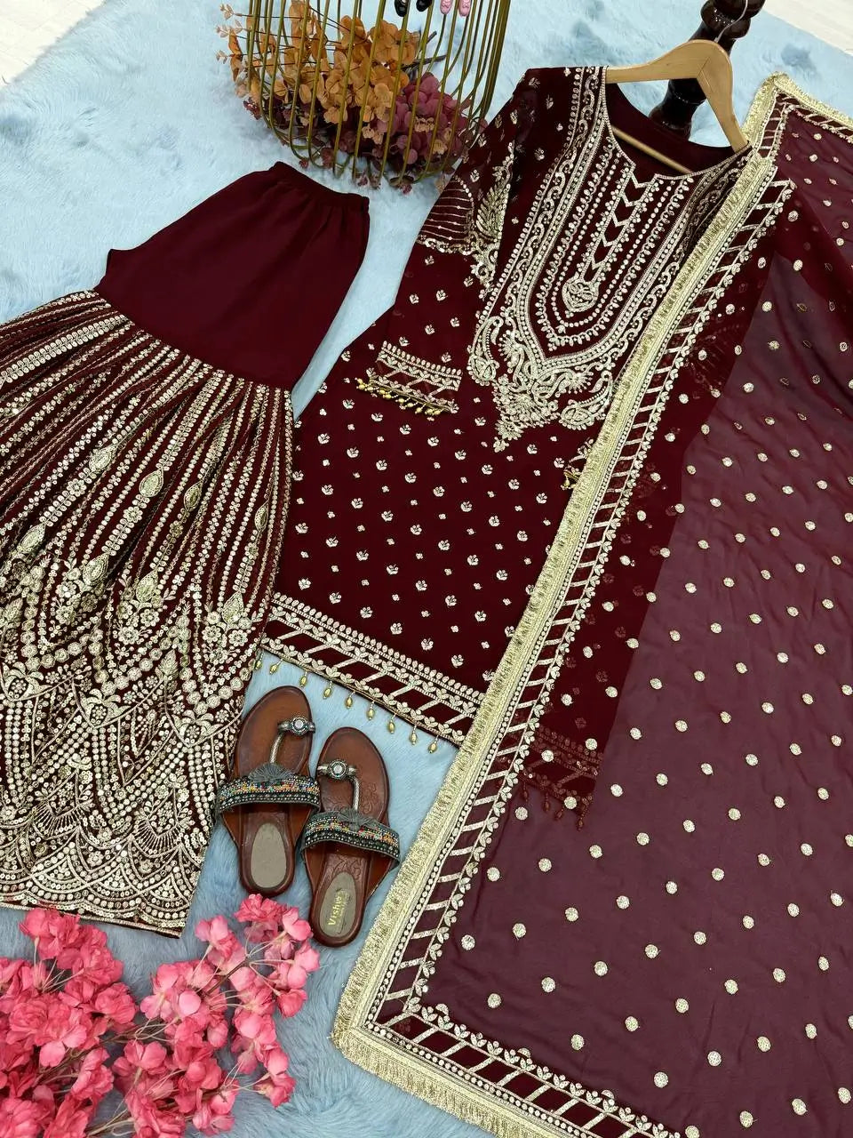 Embroidered Faux Georgette Sharara Set with Dupatta