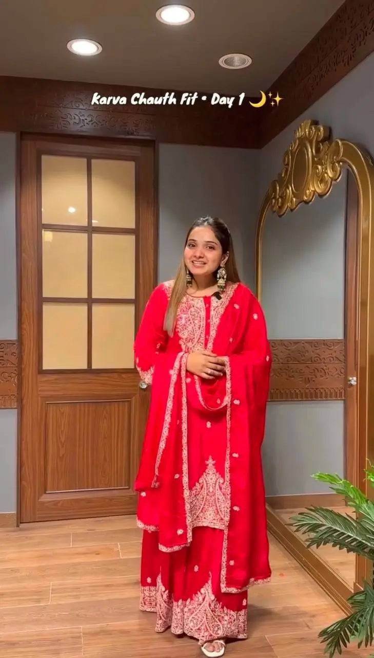 Embroidered Faux Georgette Sharara Set with Dupatta