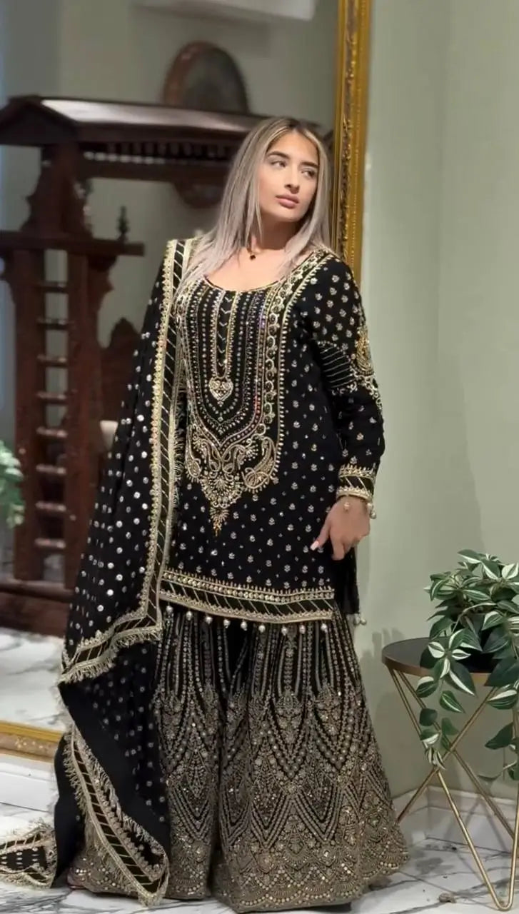 Embroidered Faux Georgette Sharara Set with Dupatta