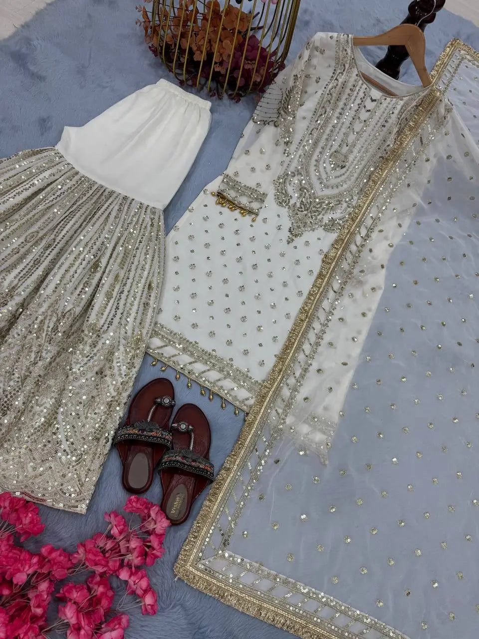 Embroidered Faux Georgette Sharara Set with Dupatta