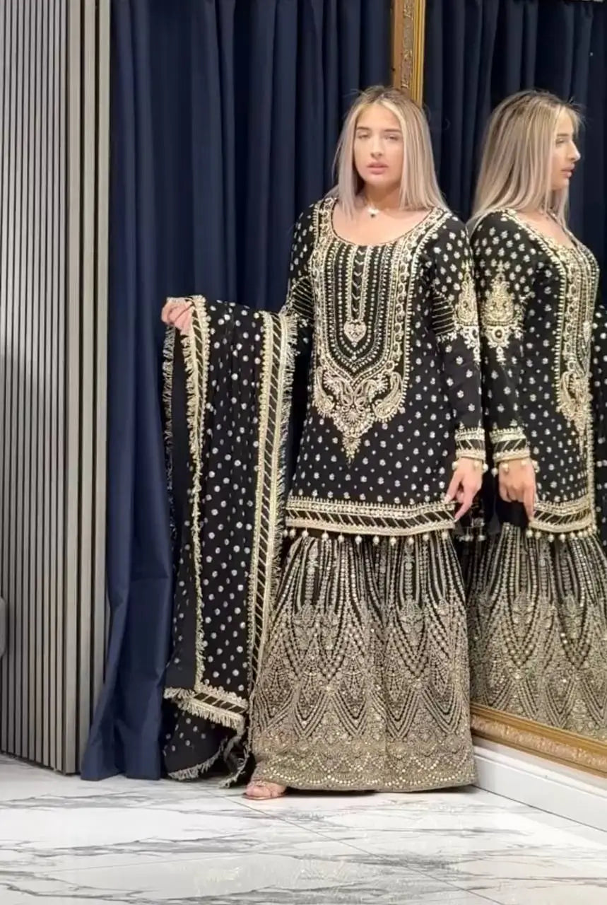 Embroidered Faux Georgette Sharara Set with Dupatta