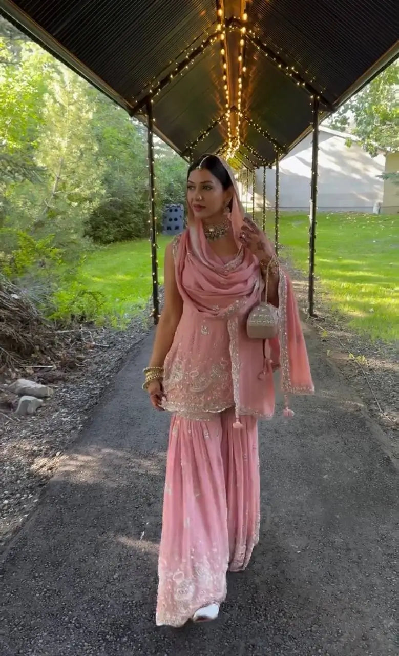 Embroidered Faux Georgette Sharara Set with Dupatta