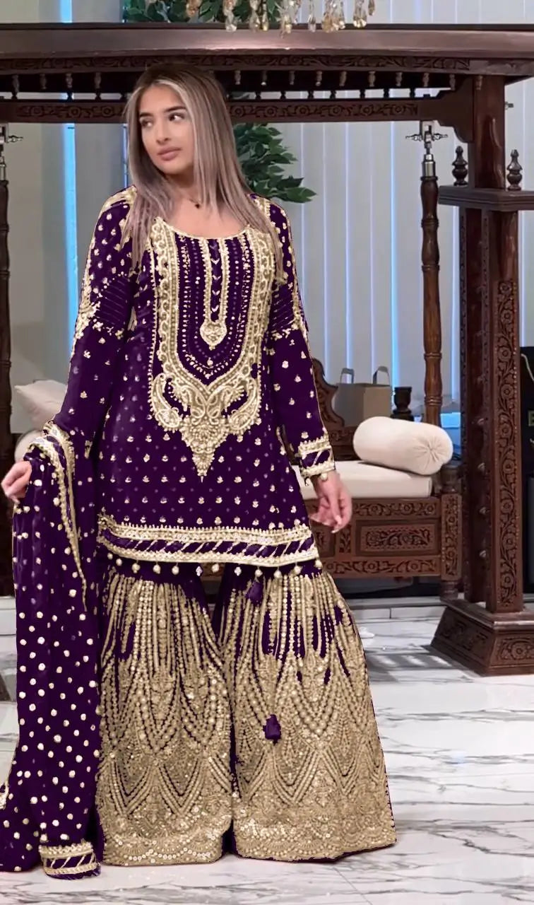 Embroidered Faux Georgette Sharara Set with Dupatta