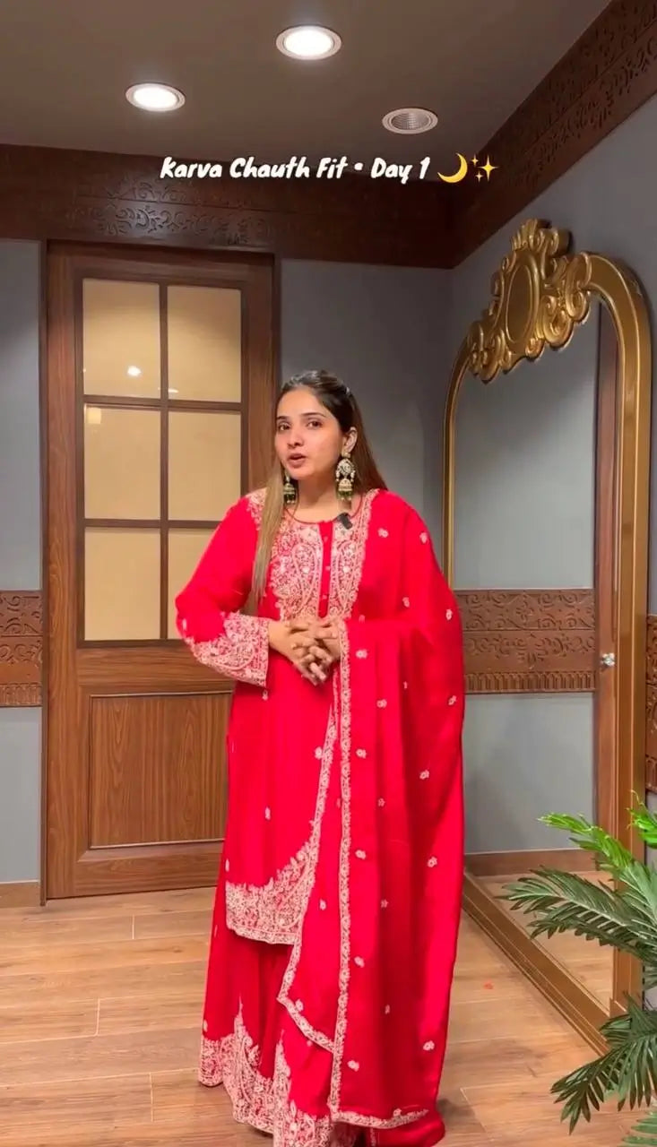 Embroidered Faux Georgette Sharara Set with Dupatta