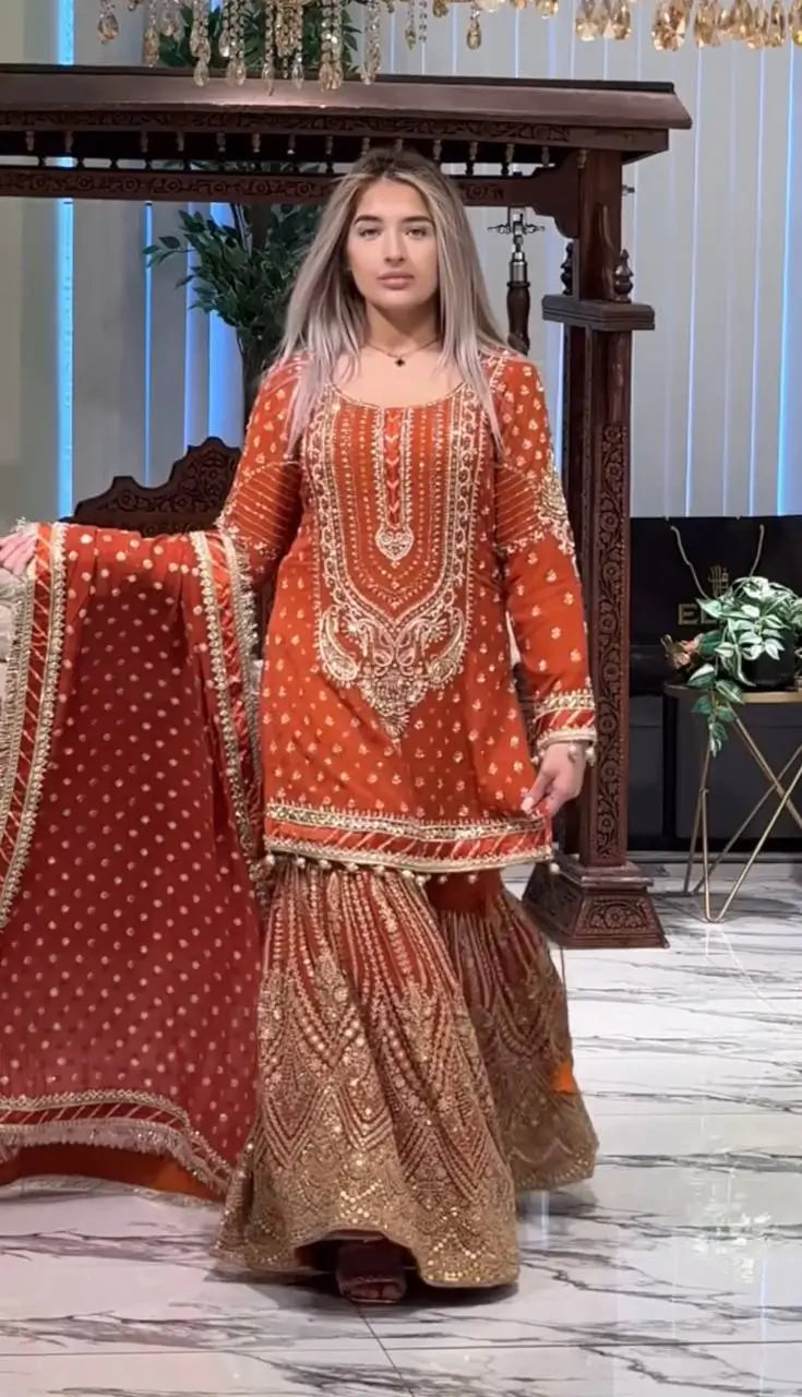 Embroidered Faux Georgette Sharara Set with Dupatta