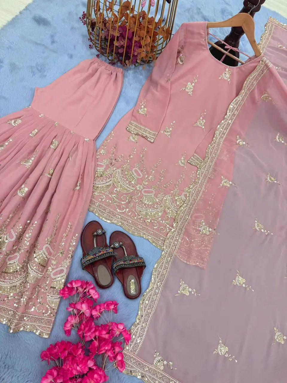 Embroidered Faux Georgette Sharara Set with Dupatta