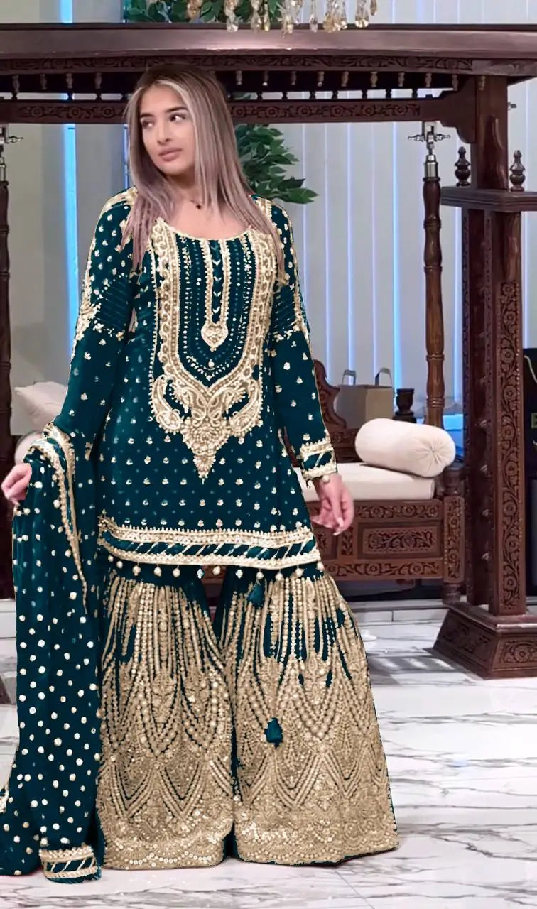 Embroidered Faux Georgette Sharara Set with Dupatta
