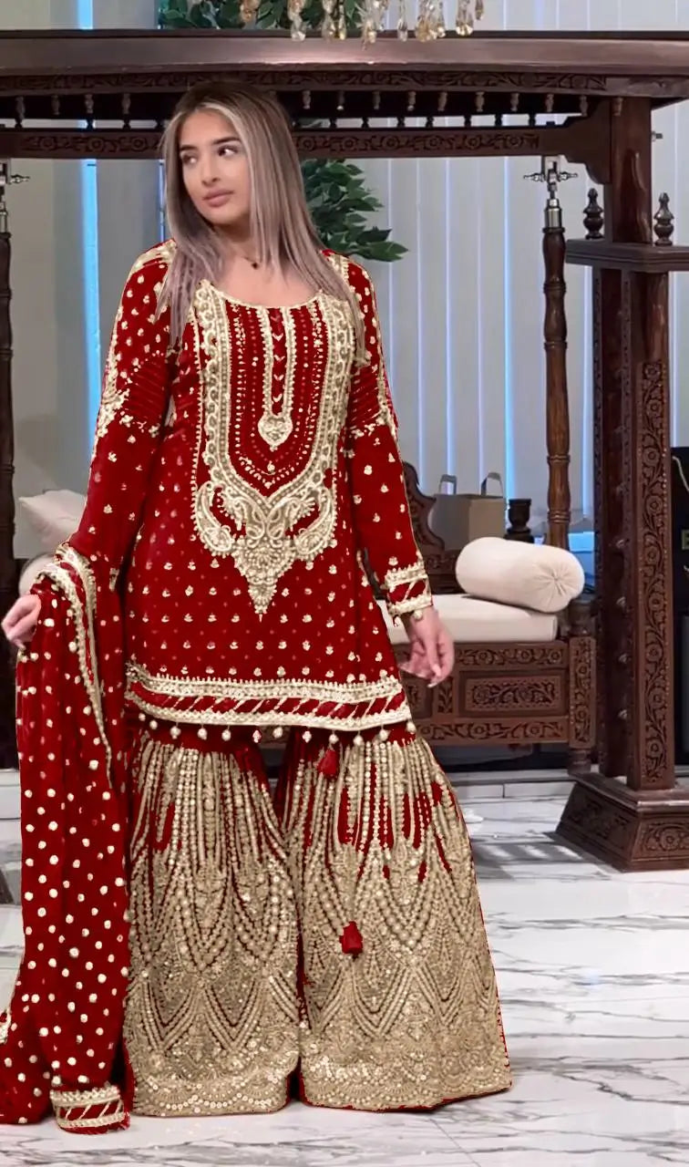 Embroidered Faux Georgette Sharara Set with Dupatta